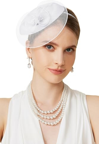 BABEYOND Chapeau bibi pour femme, élégant couvre-chef avec fleurs en maille et pince à cheveux pour mariage, jour de course, cocktail, blanc, Taille unique
