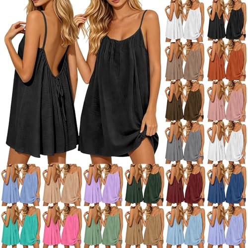 Robe Femme Caraco Dos Nu sans Manches Bretelles Spaghetti Courte Légère Fluide pour Vacances Plage Été Ajustable Chic Élégant Confortable Tendance Décontracté Mode Agréable Tenue Estivale Élégance