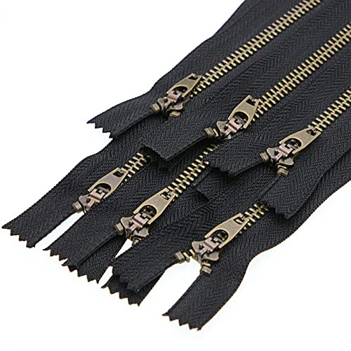 Leekayer 4# Metal Zipper for Jeans Antique Brass Y-Teeth Zipper 6 inch Close End Jeans Zippers 6pcs,(Black-Brass)