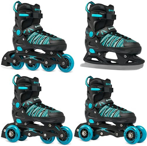 RAVEN 4in1 Inline Skates Pattini in linea Triskates Pattini a rotelle/da ghiaccio per bambini e adulti regolabili (Vella Black/Mint, 37-40 (23,5-26cm))
