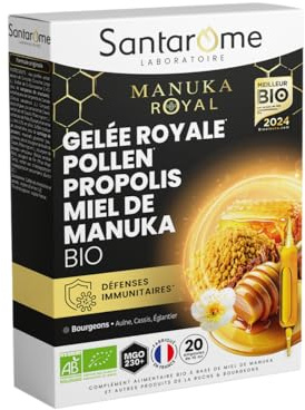 Santarome - Gelée Royale Pollen Propolis Miel de Manuka Bio - Complément alimentaire immunité - Formule 100% Bio - 20 ampoules - Made In France