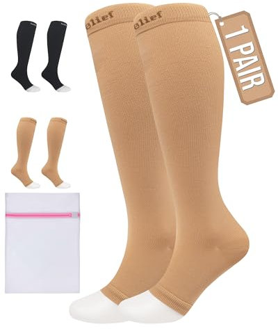 360 Relief 1 Pair Compression Socks for Women & Men - Open Toe Graduated Compression Stockings, Flight Socks, Running, Nurses, Maternity, Pregnancy, L/XL, Beige + Laundry Bag
