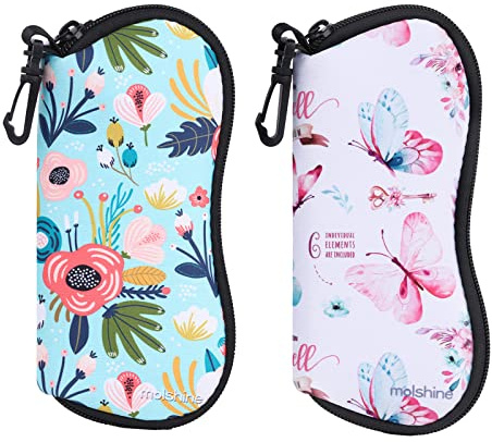 molshine 2 pièces étui à lunettes de soleil souple, pochette à lunettes en néoprène avec fermeture éclair, sac à lunettes portable avec crochet pour femmes hommes (Vert&Blanc)