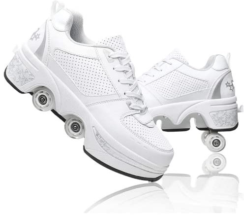 Rollschuhe Skateboard Kinderschuhe Mit Rollen - Skate Shoes Sportschuhe Laufschuhe Sneakers für Mädchen Und Damen - White Silver