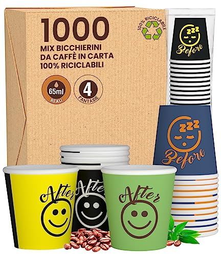1000 Copas Desechables de Papel para Café, 65 ml, DownUpCUP, Mezcla, Vasos Ecológicos, Biodegradables, Pequeños, Llevar Bebidas Calientes