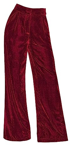 Pantalon Large en Velours Doré pour Femme - Taille Haute, Jambe Droite, Palazzo Lounge - Décontracté, Soirée, Travail, Bureau - Avec Poches, Rouge, XL