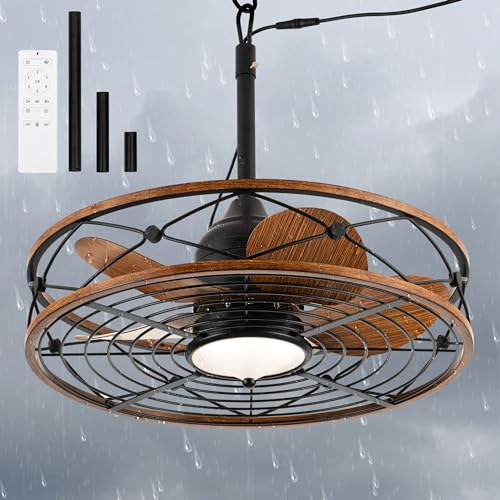 TIFEROR Outdoor Ceiling Fan with Light and Remote Control, 24 Wet Rated Ceiling Fan with Remote and Light Kit for Gazebo, Porch and Patio