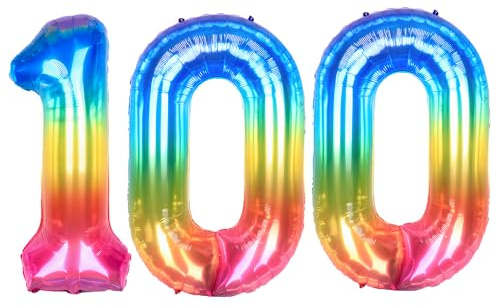 Ponmoo 40 inches Foil Balloons Numbers 100 Neon Rainbow (101cm), Inflatable Helium or Air, Giant Balloon Number 0-9, 10-29, 30-100, Grand Balloons for Anniversary Wedding Birthday Party Decoration