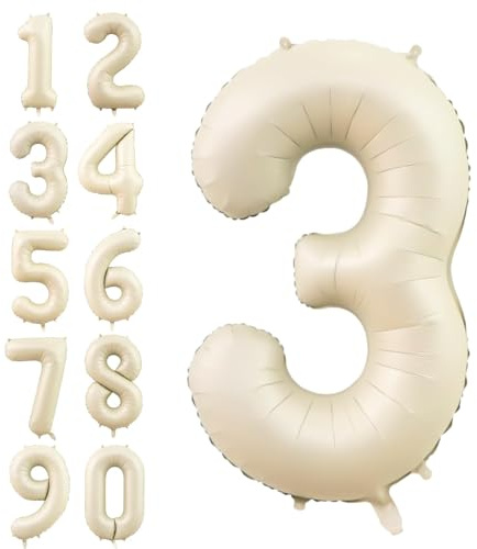 Number 3 Balloon Beige,40 Inch Large Cream Foil 3 Helium Balloons for Boys Girls Birthday Anniversary Decorations