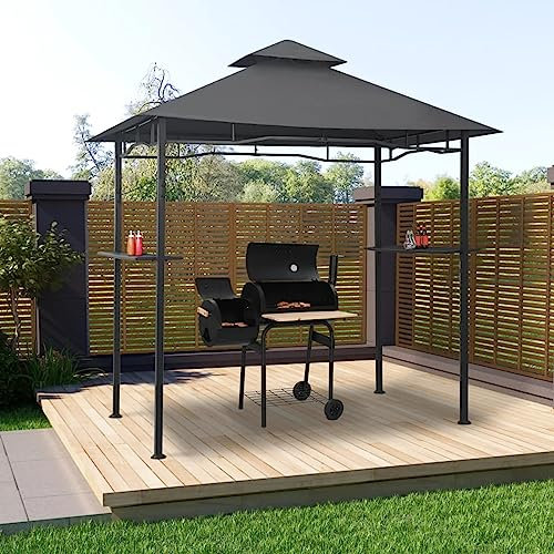 Homgoday Tonnelle de barbecue 240 x 150 x 255 cm en acier anthracite, abri de jardin pour terrasse, jardin et pelouse, tente de fête, auvent d'événement