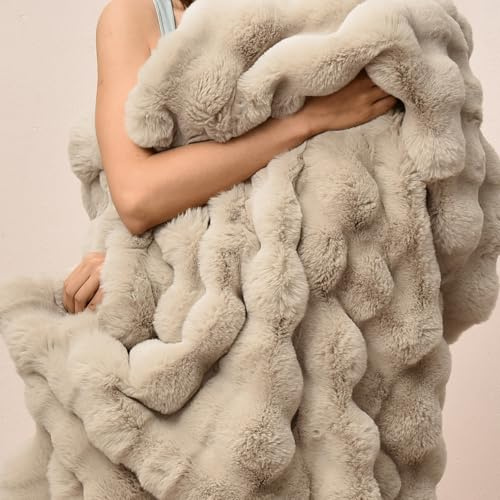 PHF Luxury Faux Rabbit Fur Throw Blanket, Ultra Soft Fluffy Plush Cozy Warm Bubble Blanket for Bed, Couch, Chair, Sofa Decorative, Thick Reversible Throw Suitable for Fall & Winter, 50 x 60, Oak