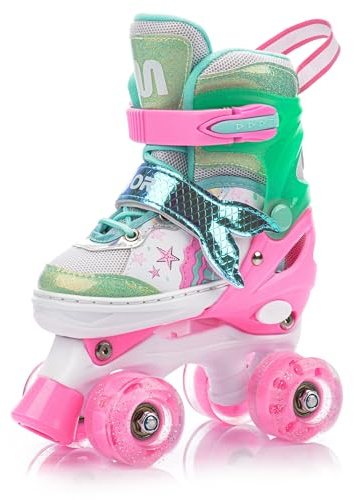 meteor Kinder Rollschuhe mit LED-Lichtern und Verstellbarer Größe – Retro Roll-Skates für Jugendliche – Mehrfarbige Disco Roll-Schuhe Bunte Retro Quad Skates - Roll ab!