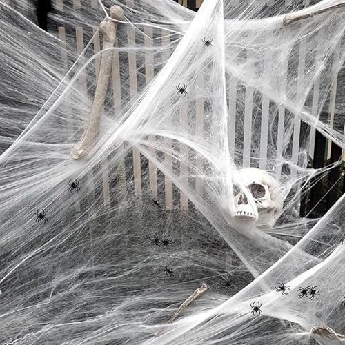 PHISGNIO Ragnatele Halloween, Decorazioni Ragnatele Halloween, Ragnatela da 100g con 40 Ragni in Plastica, Ragnatela Realistica e Elastica per Decorazioni Feste di Halloween Carnevale