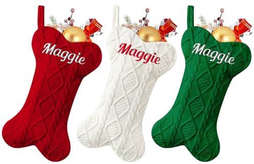 papasgix Christmas Stockings Personalised 18 Large Stocking | Custom Name Knitted Xmas for Kids Family, Stocking for Holiday Family Party Decoration
