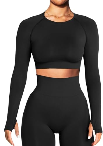 Navneet Women Long Sleeve Gym Tops Gym Crop Top Compression Workout Top Pilates Yoga Tops Running Sports Fall Outfits Black M