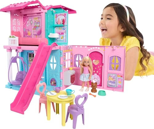 Barbie Chelsea Spielzeug-Puppenhaus mit über 15 Accessoires, das Pop-up-Haus erweitert Sich auf über 42 x 33 cm mit 5 Spielbereichen und Rutsche, mit Kleiner Puppe und Hund, JFW49