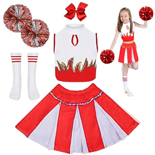 Uniforme de Animadora Infantil, Disfraz de Animadora con Pompones, Disfraz Animadora con Pompones, Juego de Disfraz Porrista, Traje Animadora con Pompones, traje de animadora,para Niña 8-14 Años(160)