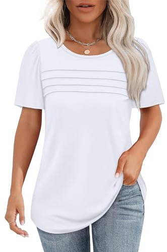 Chicrise Tee Shirt Femme Ete À Manches Courtes Bouffantes Plissé Col Rond Haut Chic Et Elegant Décontracté Mode Blouse