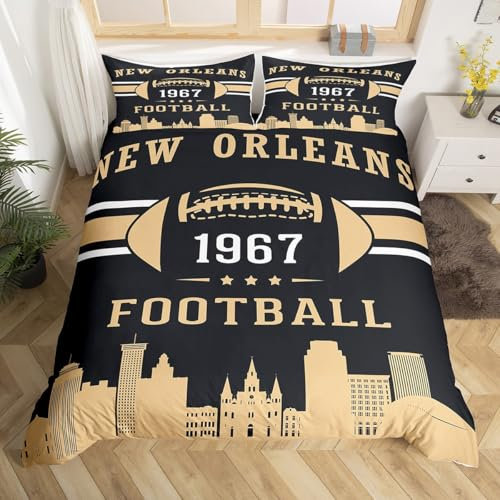 New Orleans - Set di biancheria da letto a tema calcio, con copripiumino e 2 federe, motivo: pallone da rugby 3D, per ragazzi e ragazzi