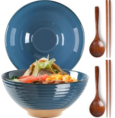 NUTRIUPS Ramen Bowl Set of 2-1200ml Ceramic Ramen Bowl, Japanese Style (Indigo Earth)
