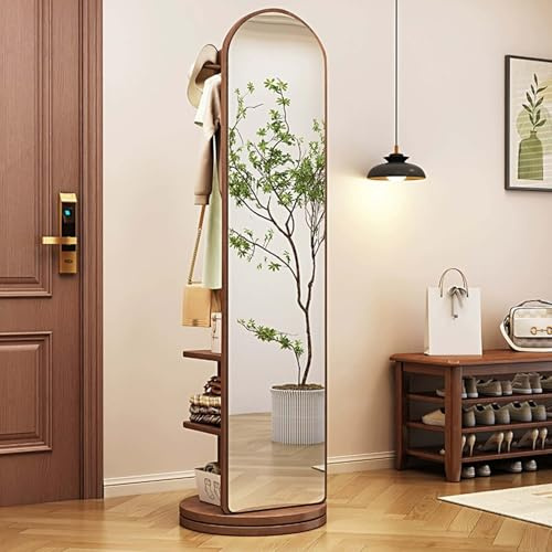 Specchio a Figura Intera con Appendiabiti, Specchi da Terra con Ruote Girevoli, Girevole a 360° e 3 Livelli Stoccaggio, Specchio a Corpo Intero per Soggiorno, Camera da Letto