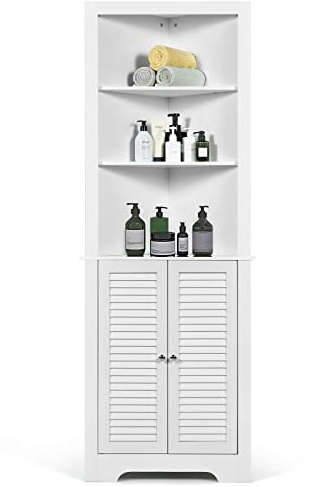GIANTEX Mueble de Baño Esquinero con 3 Estantes Abiertos y 2 Puertas, Armario de Suelo con Estantes Ajustables, 44 x 44 x 173 cm, Organizador para Salón, Comedor, Dormitorio