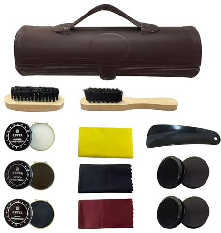 Laaorr Shoe Polish Kit, 12Pcs Portable Shoe Cleaning Kit for Black Brown Leather Boot Polishing Luxury Shine Shoe Care Set Barrel with Horsehair Brush,Applicator,Shoe Horn,Suede Cloth