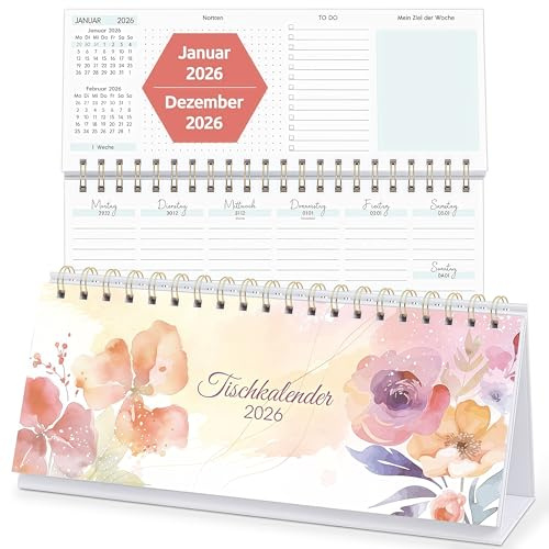 KONVINIT Calendario de mesa 2026 con soporte, calendario semanal, 1 semana en 2 páginas, calendario de escritorio con notas, tareas y objetivos semanales, calendario 2026, formato: 29,7 x 11,6 cm