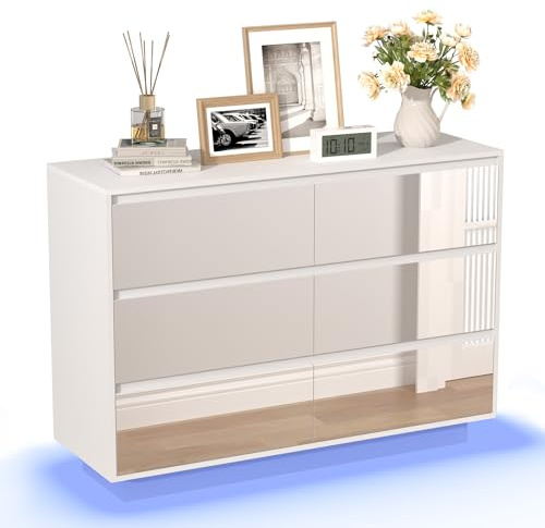 UEV Cassettiera con 6 Cassetti a Specchio, Comò con Grande Spazio e Illuminazione LED Regolabile, Como Soggiorno Robusto e Funzionale, 100 x 34 x72,5 cm, Bianco