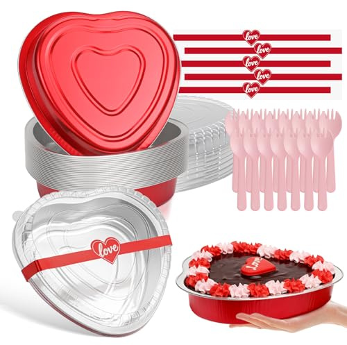 HEYYUMI 15 Pack 33oz Heart Shaped Cake Pans with Lids,Red Heart Foil Pans