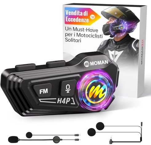 Moman Auriculares Casco Moto - Asistente de Voz, RS-H4P Manos Libres Auriculares Inalámbricos HiFi Estéreo Dual Reducción de Ruido Batería 1000mAh/RGB/Radio FM/Botón Apto para Guantes (Black-H4P)