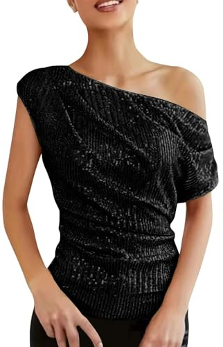 Top scintillante da donna UK, spalle scoperte increspate avvolgente paillettes top elegante glitter party club camicette da donna top da sera scintillante alla moda casual glitter t-shirt ampia tunica