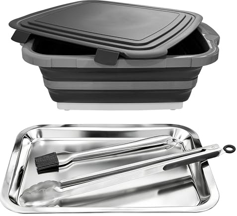 Collapsible BBQ Prep Tub with Lid, 4-Piece 16L Foldable Meal Prep & Marinating Container Set with Stainless Steel Tray, Tongs & Brush, Prep Surface for Food Cutting, Kitchen, Camping & Outdoor Cooking