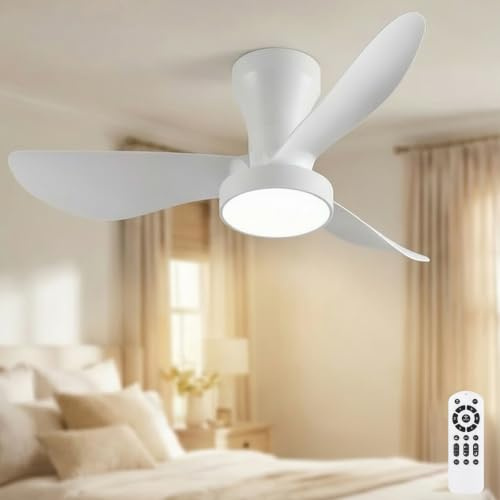 LEONTYNE 31 Inch Ceiling Fan with Light Remote, Dimmable LED 3000K-6500K | Low Profile, 6 Speed Quiet Reversible DC Motor, Timer Memory, 22W 2200LM, Fan Light for UK Small Bedroom Kitchen Dining Room