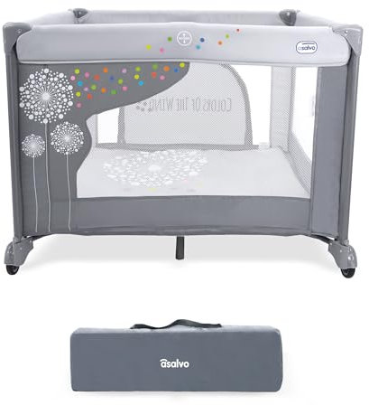 Parque Infantil Bebé 106x106 cm – Corralito Plegable con Base Acolchada + Puerta Frontal y Ruedas | Diseño Robusto y Bolsa de Transporte SQUARE Diente de León Gris ASALVO