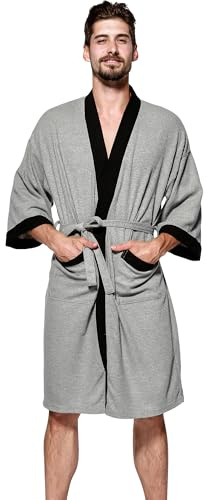 Haseil Men's Turkish Cotton Bathrobe Terry Cloth Kimono Robe Lightweight Waffle Robe Knee Length Bathrobe, Grey, X-Large