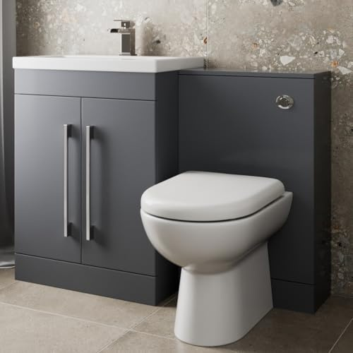 AURORA® 1100mm Combination Vanity Unit Furniture Set, Wash Basin Bathroom Sink, BTW Toilet Pan & Soft Close Seat, Storage Cabinet, Reversible, Grey Gloss