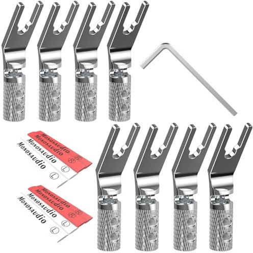 Monosaudio Lautsprecherkabelverbinder 8 Stück Kabelschuhe Schraubverriegelung Reines Kupfer Rhodiniert Y Flachstecker mit Inbusschlüssel Gabel Spatenstecker für Lautsprecherkabel bis 4,5mm
