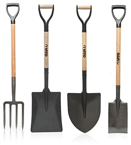VITO - Pack 4 Outils de Jardin Acier Haute qualité Manche en Bois Poignée Ergonomique Fourche + Pelle carrée + Pelle Ronde + Bêche