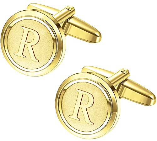 LOYALLOOK Initial Gold Cufflinks for Men Gold Cuff Links Personalized Copper CuffLinks Letter Cufflinks Gift for Groom Husband Father Initial R