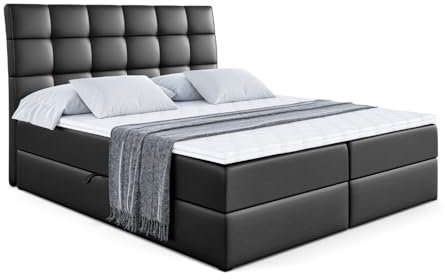 ALTDECOR Boxspringbett mit H3-Matratze (19 cm hoch) mit Bonellfederung + PUR, Topper (4 cm hoch), Polsterbett mit Kopfteil und Bettkasten - APO - 180x200 - Schwarz Kunstleder