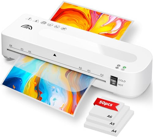 MAXDONE Laminator Machine A4 Laminators, Thermal and Cold Laminator Machine | with 50 Laminating Pouches, Laminating Machine 80-125 Mic and 90-s Warm Up A4/A5/A6 for School Home (White)