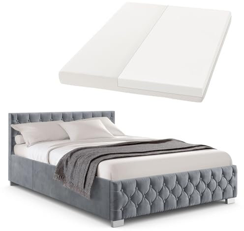 Juskys Polsterbett Nizza 180x200 cm mit Matratze, Bettgestell mit Lattenrost, Stauraum & LED Beleuchtung, Samtbezug, Chesterfield-Steppung, Grau