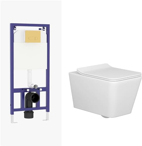 Wall Hung Toilet Pan Dual Concealed Cistern Frame Soft Close Seat & Brass Flush Plate Square Rimless Toilet