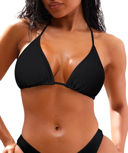 Coloquin Women's Bikini Top Sexy Triangle Bikini Tops Padded String Bikinis Swimwear Black XL