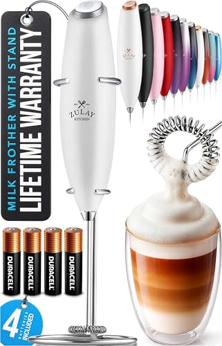 Zulay Kitchen Potente varita espumadora de leche con 4 pilas AA Duracell - Mezclador de bebidas de mano ultrarrápido - Batidor eléctrico de espuma para café, lattes, capuchino, matcha y crema - Blanco