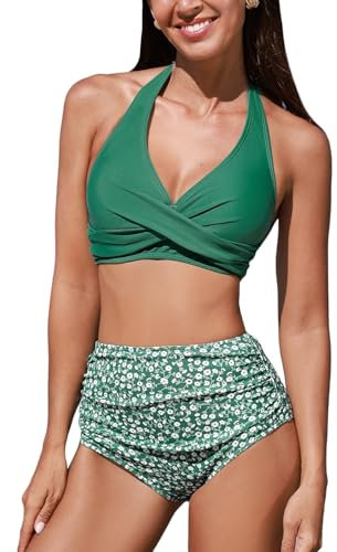 CUPSHE Damen Bikini Set V Ausschnitt Neckholder Wickeloptik High Waist Bikini Bademode Blumenmuster Zweiteiliger Badeanzug Swimsuit Waldgrün/Ditsy M