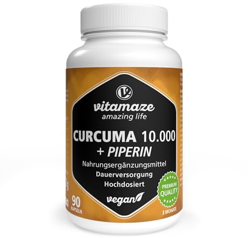 Kurkuma 10.000 mg hochdosiert in nur 1 Kapsel mit Piperin + Curcumin, 90 Kapseln bioaktivem Curcuma Extrakt für 3 Monate, Nahrungsergänzungsmittel ohne Zusatzstoffe