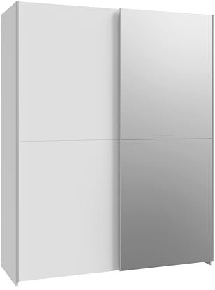 FORTE Schach&MATT Weißer Kleiderschrank 150, Moderner Schwebetürenschrank mit bodenlangem Spiegel, 2 türig, Schlafzimmerschrank, Flurschrank, Weiß, 150,1 cm breit x 190,5 cm hoch x 61,2cm tief