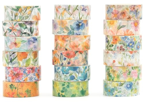 Songdao Blommor Washi Tape set 18 rullar dekorativ tejp färgglad för scrapbooking, bullet dagbok, planerare, presentförpackning (pastelcharm)